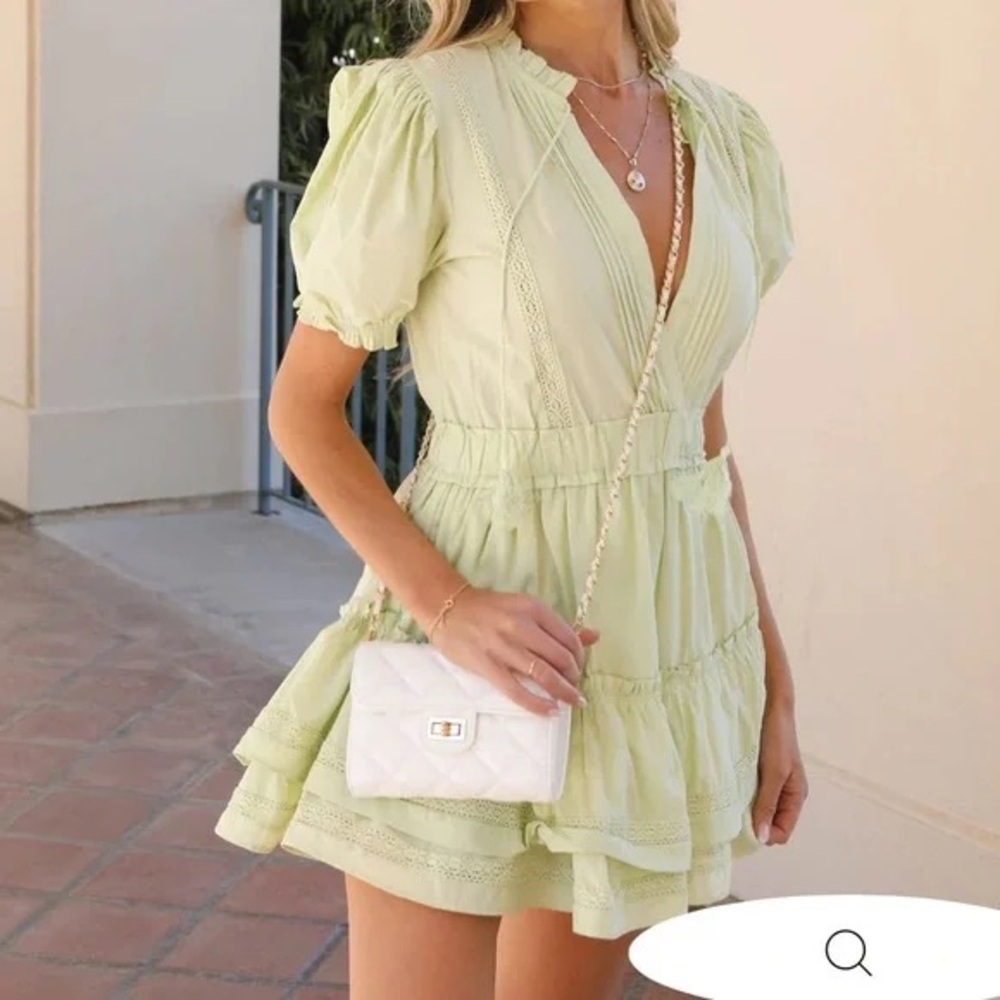 Sweetheart Cotton Tiered Puff Sleeve Mini Dress in Light Green